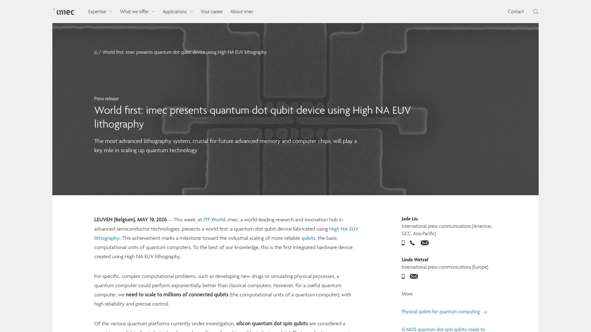 Screenshot of imec-int.com: Quantum dot qubit using High NA EUV lithography