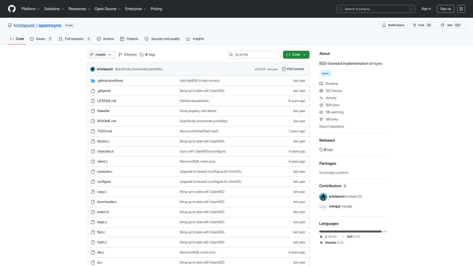 Screenshot of github.com: Openrsync: An implementation of rsync, by the OpenBSD team