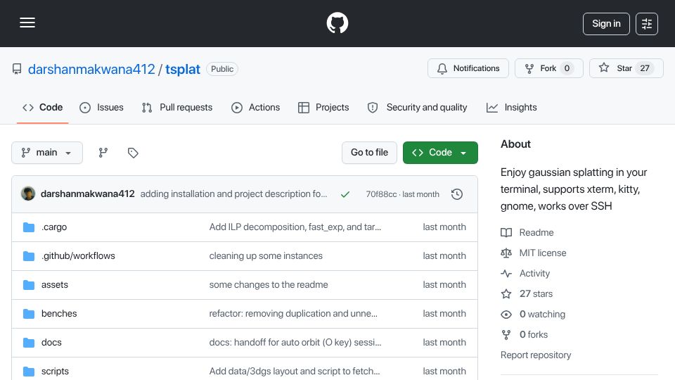 Screenshot of github.com: Tsplat – Run Gaussian splatting in your terminal