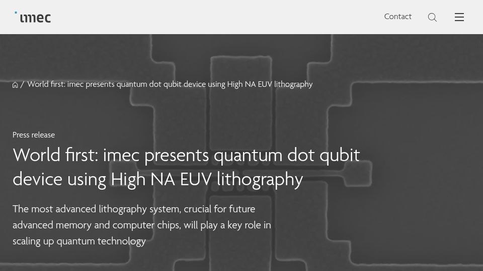 Screenshot of imec-int.com: Quantum dot qubit using High NA EUV lithography