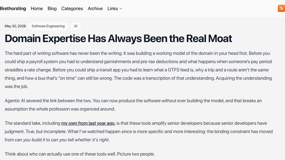 Screenshot of brethorsting.com: Domain expertise has always been the real moat