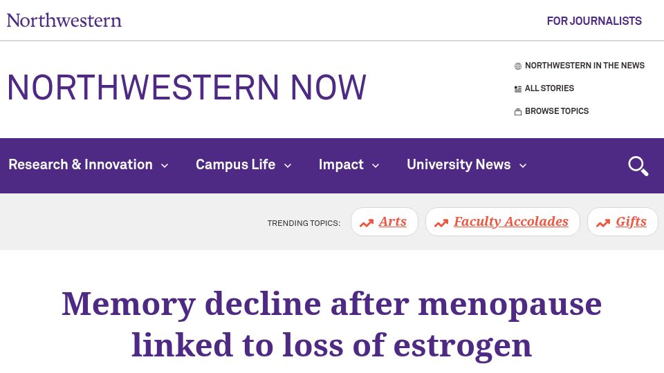 Screenshot of news.northwestern.edu: Memory decline after menopause linked to loss of estrogen production in brain