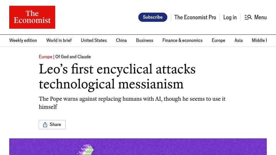 Screenshot of economist.com: Leo's first encyclical attacks technological messianism