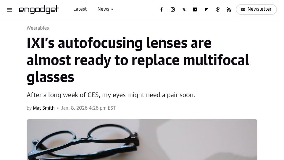 Screenshot of engadget.com: IXI's autofocusing lenses are almost ready to replace multifocal glasses