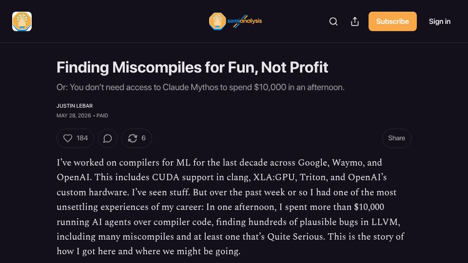 Screenshot of newsletter.semianalysis.com: Finding Miscompiles for Fun, Not Profit