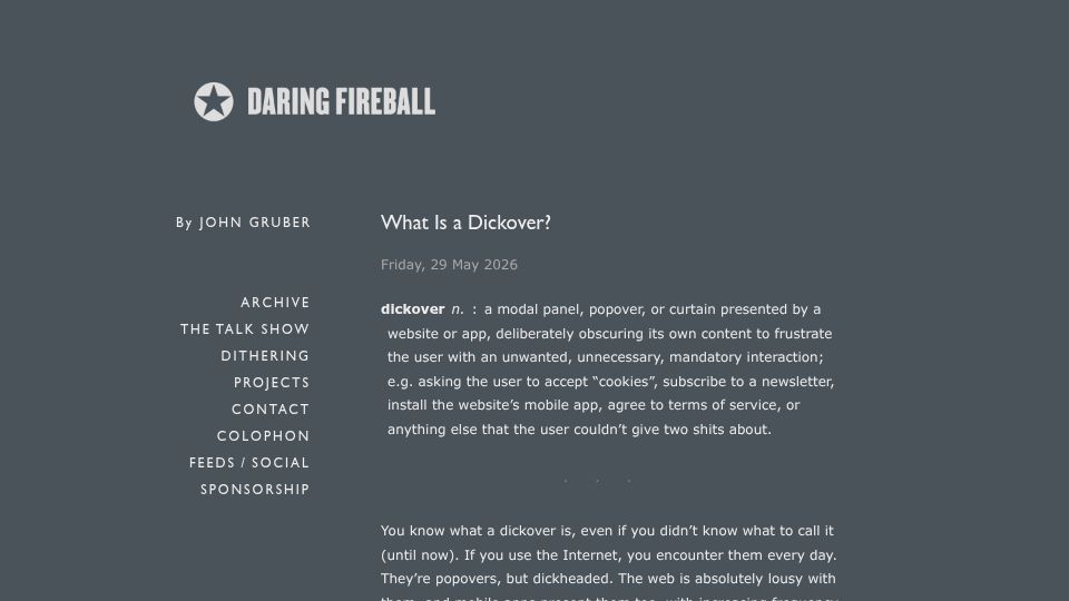 Screenshot of daringfireball.net: What Is a Dickover?