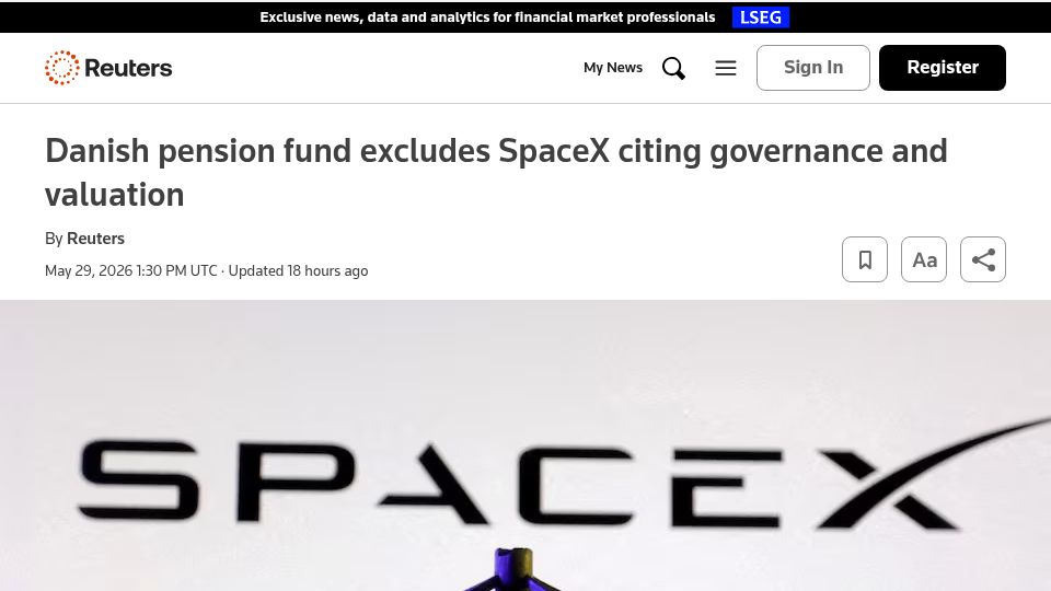 Screenshot of reuters.com: Danish pension fund excludes SpaceX citing governance and valuation