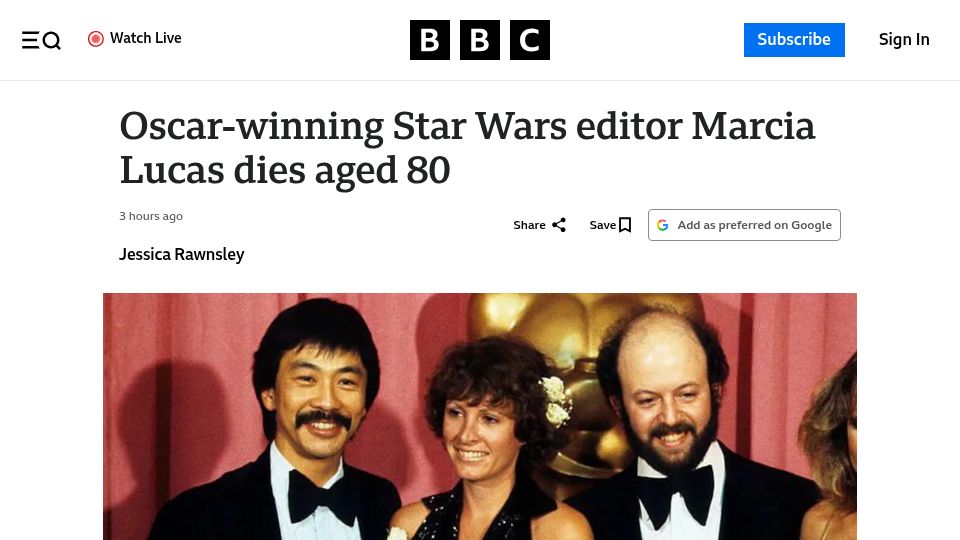 Screenshot of bbc.com: Oscar-winning Star Wars editor Marcia Lucas dies aged 80