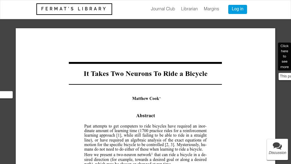 Screenshot of fermatslibrary.com: It takes two neurons to ride a bicycle (2004)