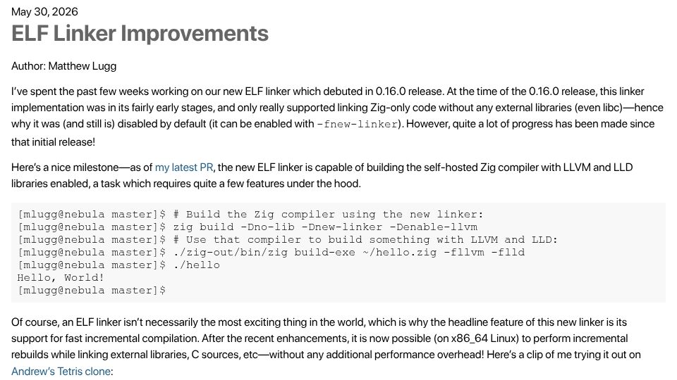 Screenshot of ziglang.org: Zig ELF Linker Improvements Devlog