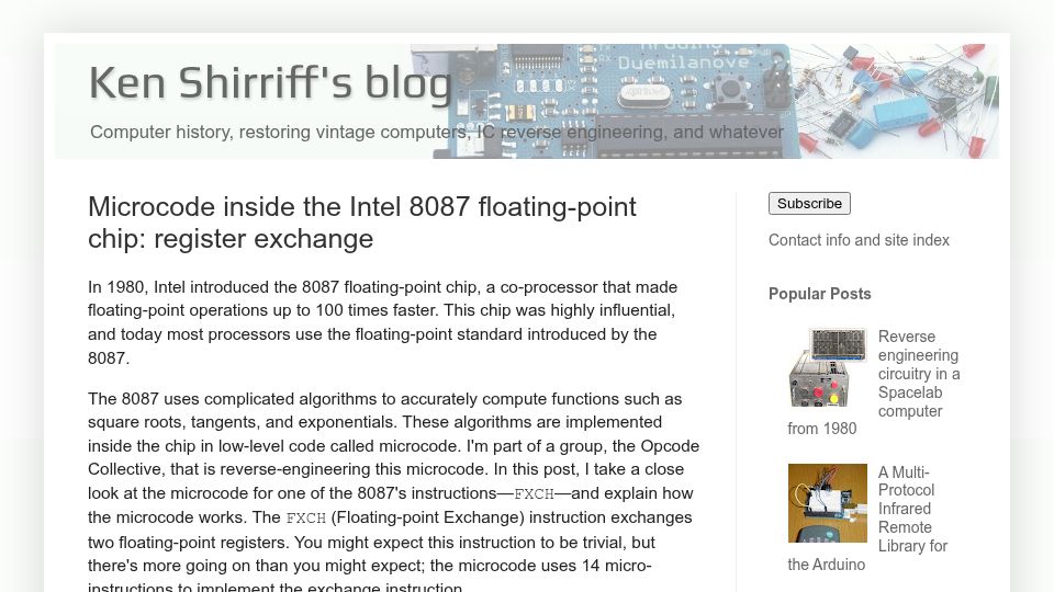 Screenshot of righto.com: Microcode inside the Intel 8087 floating-point chip: register exchange