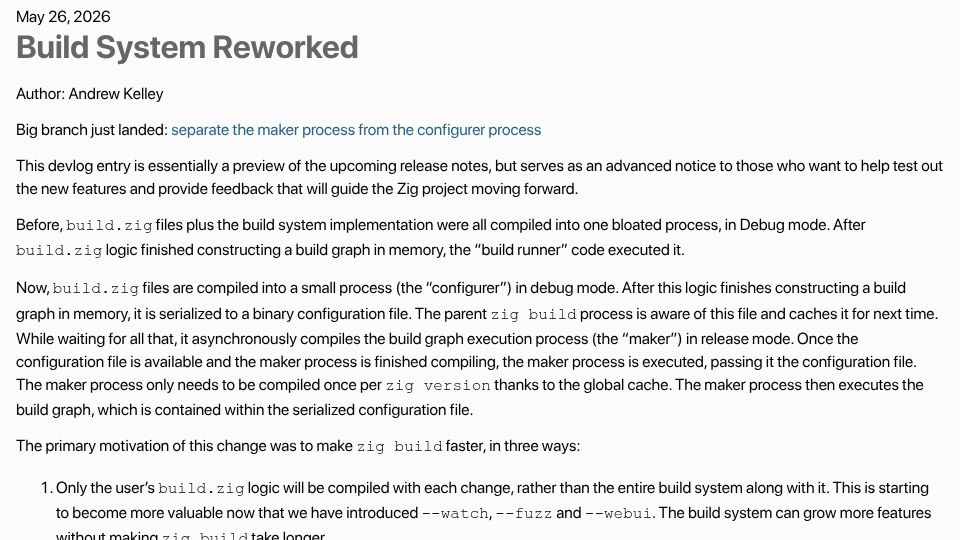 Screenshot of ziglang.org: Zig: Build System Reworked