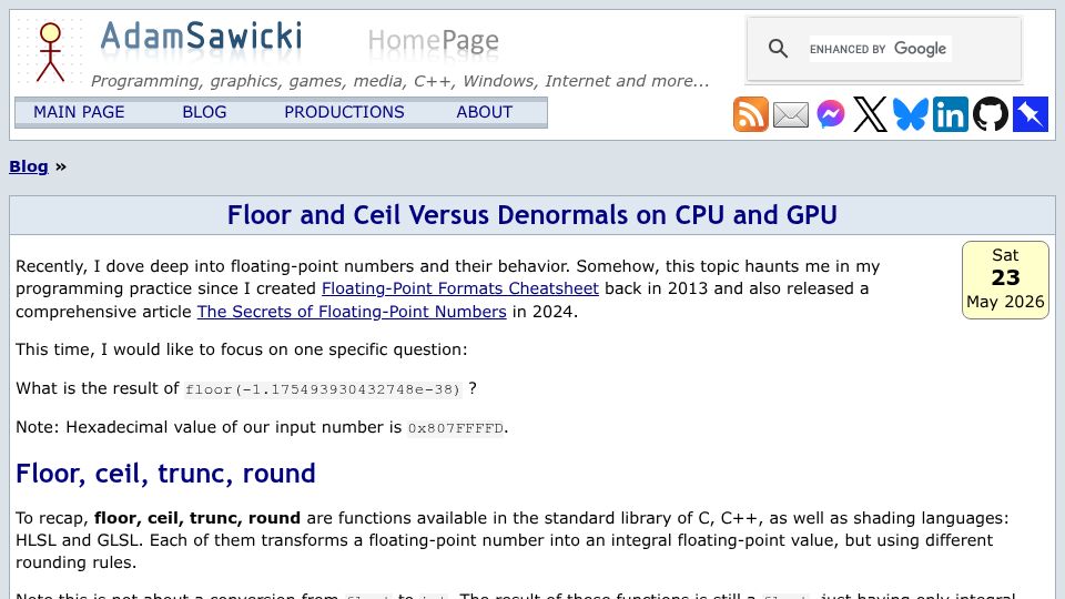 Screenshot of asawicki.info: Floor and Ceil versus Denormals on CPU and GPU