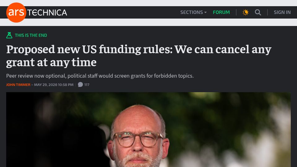Screenshot of arstechnica.com: Proposed new US funding rules: We can cancel any grant at any time