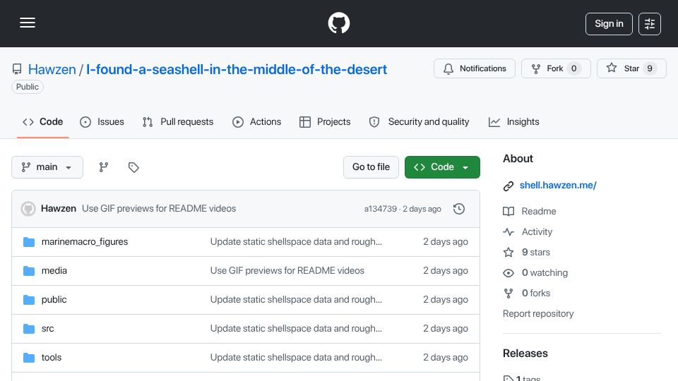 Screenshot of github.com: I found a seashell in the middle of the desert