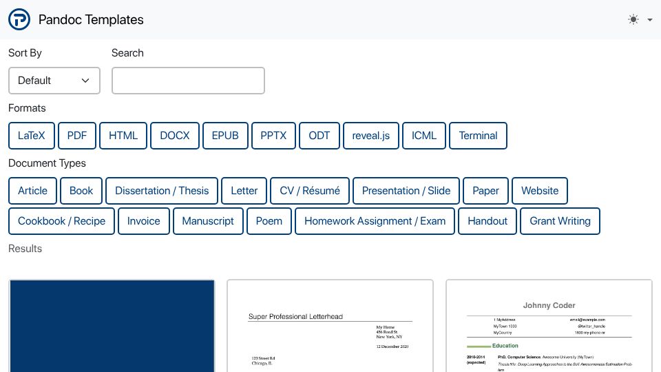 Screenshot of pandoc-templates.org: Pandoc Templates