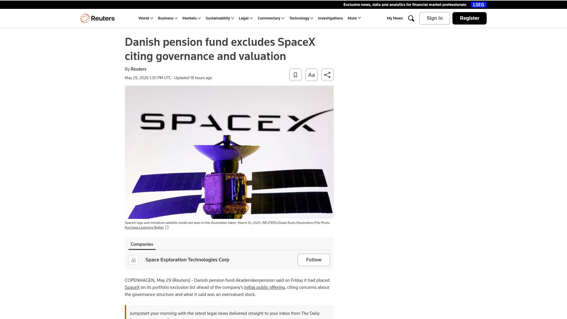 Screenshot of reuters.com: Danish pension fund excludes SpaceX citing governance and valuation