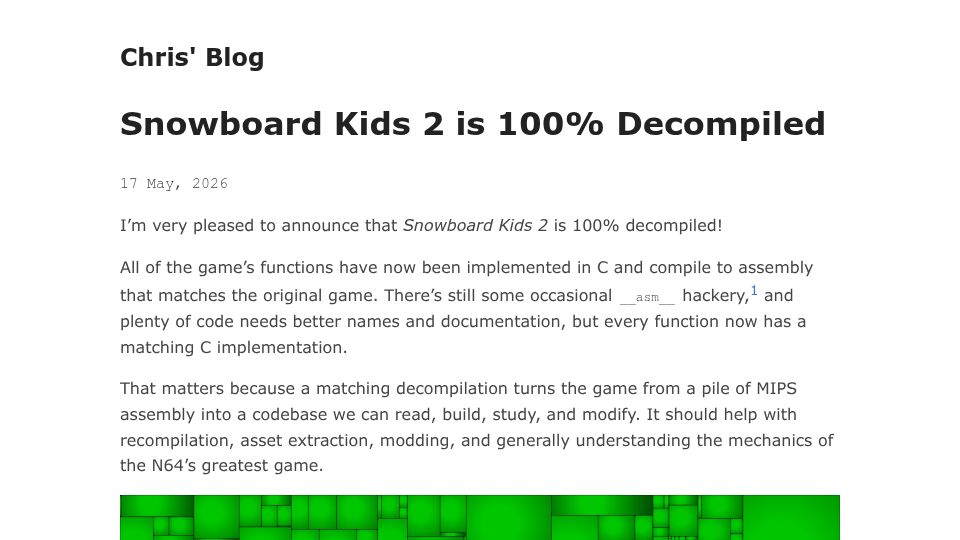 Screenshot of blog.chrislewis.au: Snowboard Kids 2 is 100% Decompiled