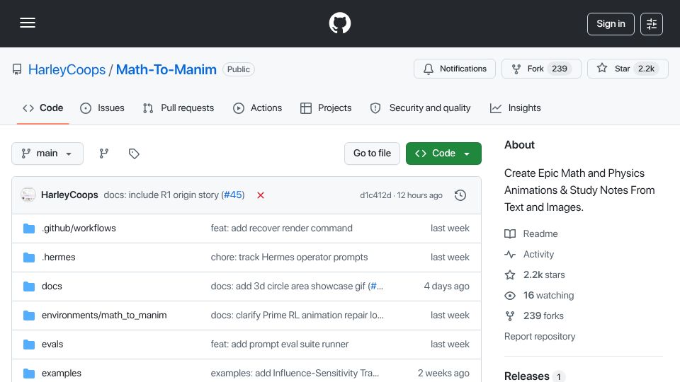 Screenshot of github.com: Math-to-Manim