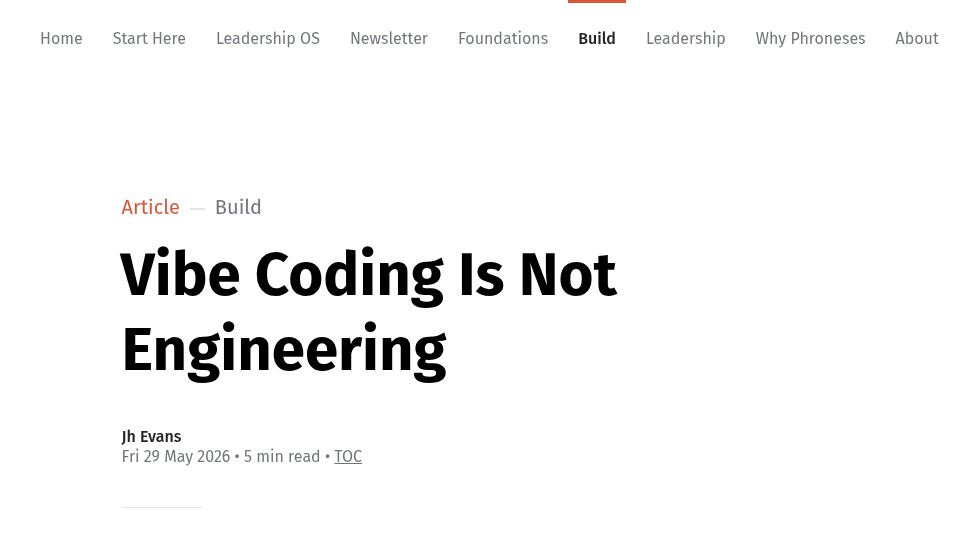 Screenshot of phroneses.com: Vibe Coding Is Not Engineering
