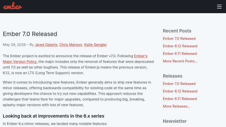Screenshot of blog.emberjs.com: Ember.js 7.0