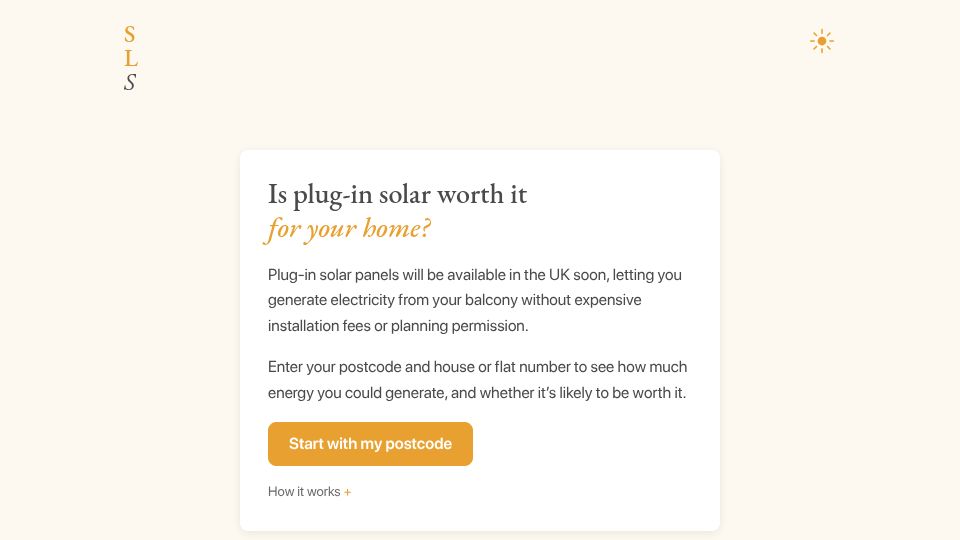 Screenshot of helios.southlondonscientific.com: Show HN: Helios – what plug-in solar could generate for any address in Britain
