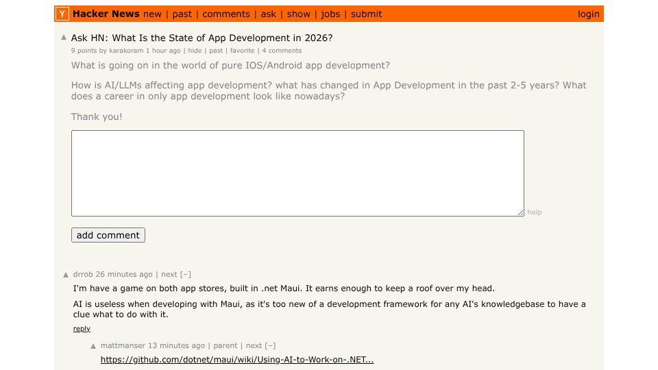 Screenshot of Hacker News post: Ask HN: What Is the State of App Development in 2026?