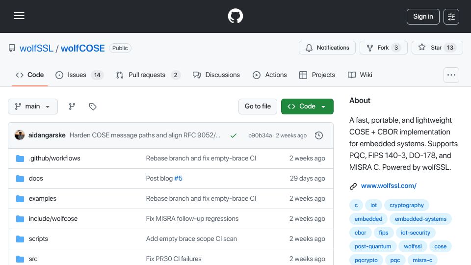 Screenshot of github.com: wolfSSL releases a new product; wolfCOSE a zero alloc C embbedded COSE stack