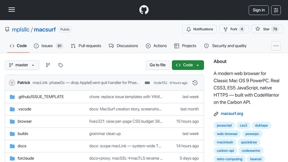 Screenshot of github.com: Macsurf, "modern" web browser for macOS 9