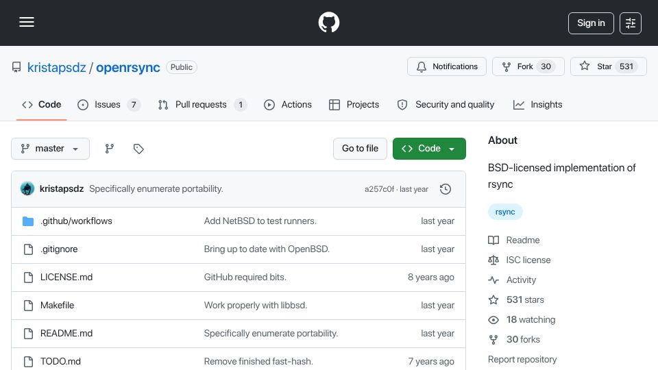 Screenshot of github.com: Openrsync: An implementation of rsync, by the OpenBSD team