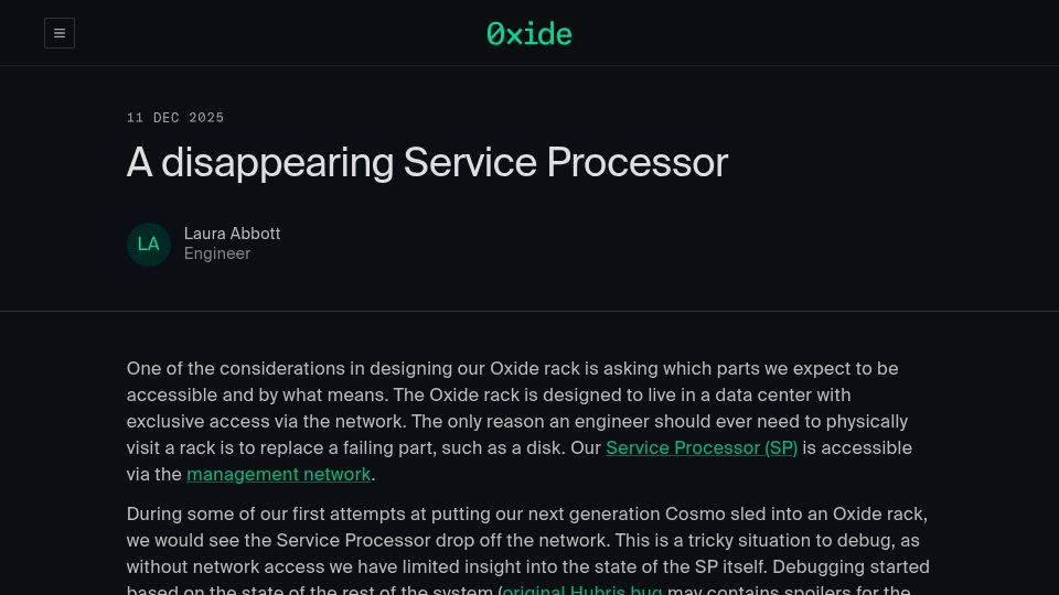 Screenshot of oxide.computer: A disappearing Service Processor (2025)