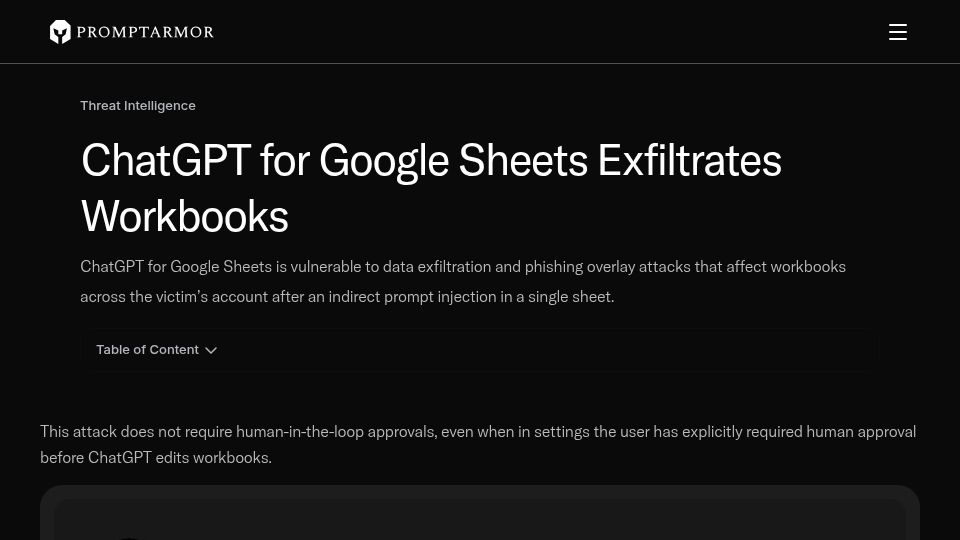 Screenshot of promptarmor.com: ChatGPT for Google Sheets exfiltrates workbooks
