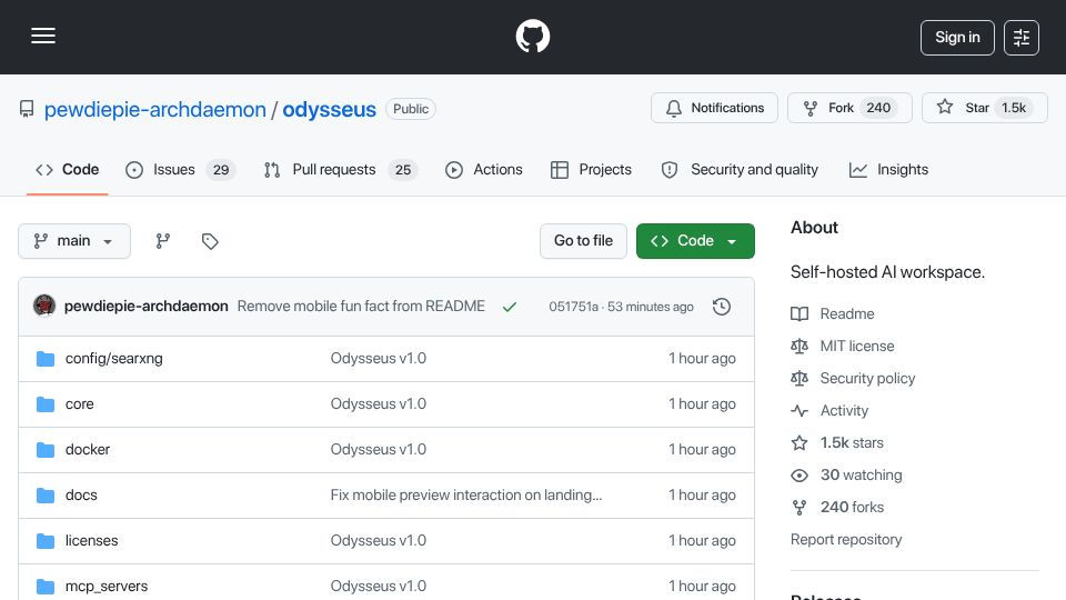 Screenshot of github.com: Odysseus – self-hosted AI workspace