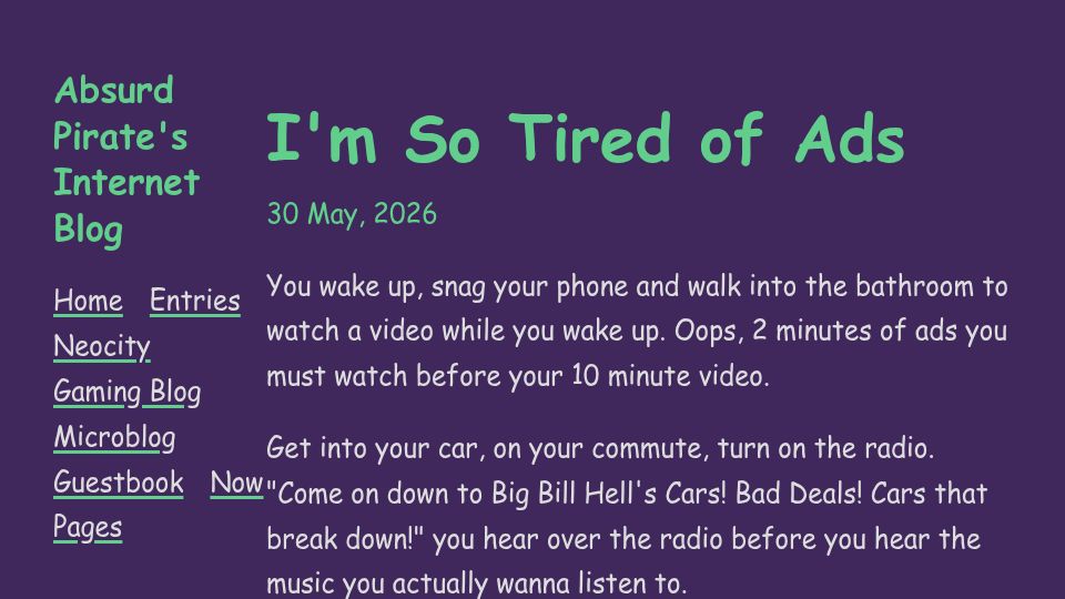 Screenshot of blog.absurdpirate.com: I'm So Tired of Ads