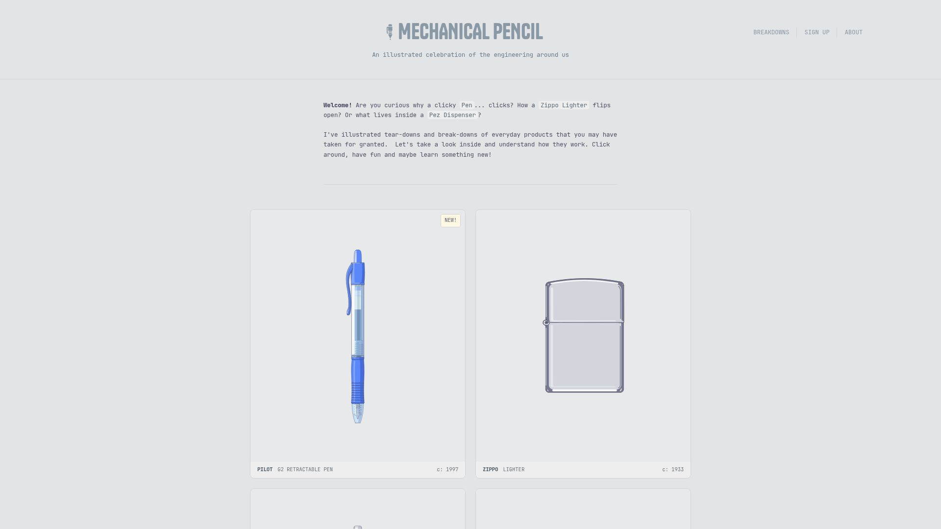 Screenshot of mechanical-pencil.com: Mechanical Pencil: An illustrated celebration of the engineering around us