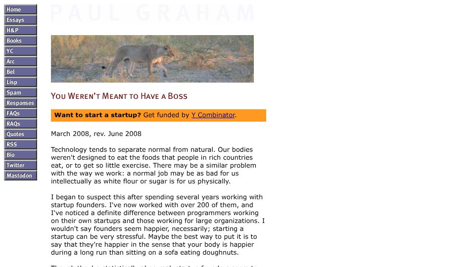 Screenshot of paulgraham.com: You weren't meant to have a boss (2008)
