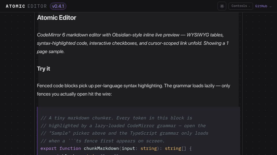 Screenshot of kenforthewin.github.io: Show HN: Atomic Editor – Obsidian-style live preview for CodeMirror 6
