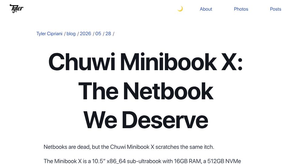 Screenshot of tylercipriani.com: Chuwi Minibook X