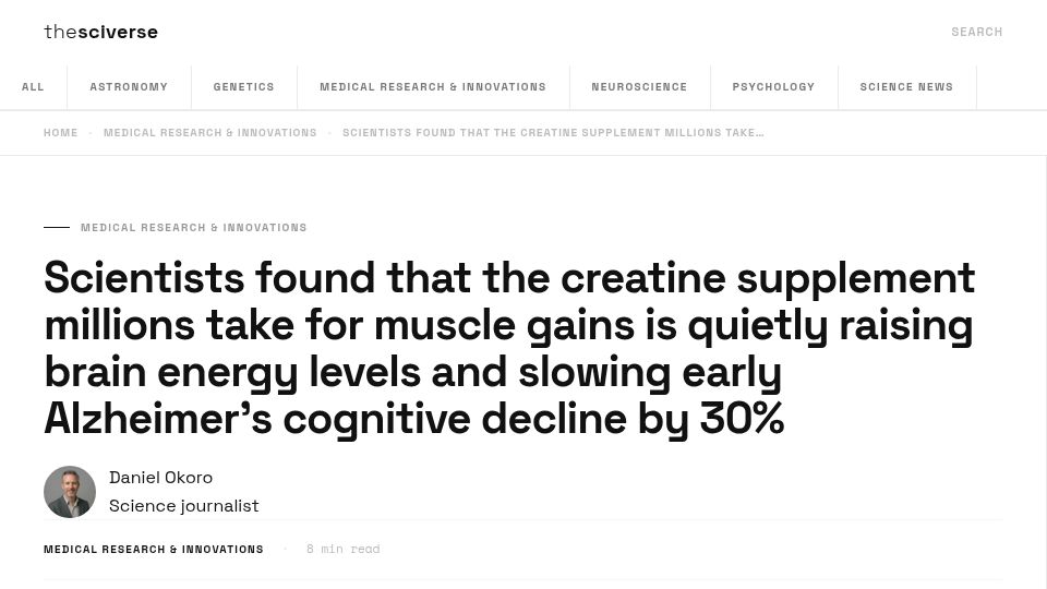 Screenshot of thesciverse.org: Creatine raises brain energy levels and slows cognitive decline: study