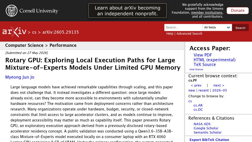 Screenshot of arxiv.org: Rotary GPU: Exploring Local Execution for Large MoE Models Under Limited VRAM