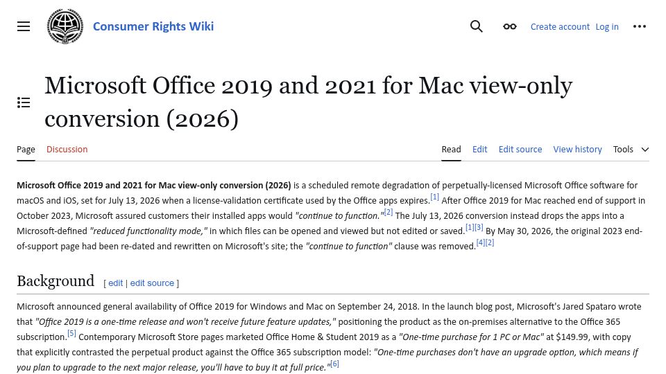 Screenshot of consumerrights.wiki: Microsoft Office 2019 and 2021 for Mac view-only conversion