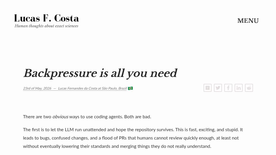 Screenshot of lucasfcosta.com: Backpressure is all you need