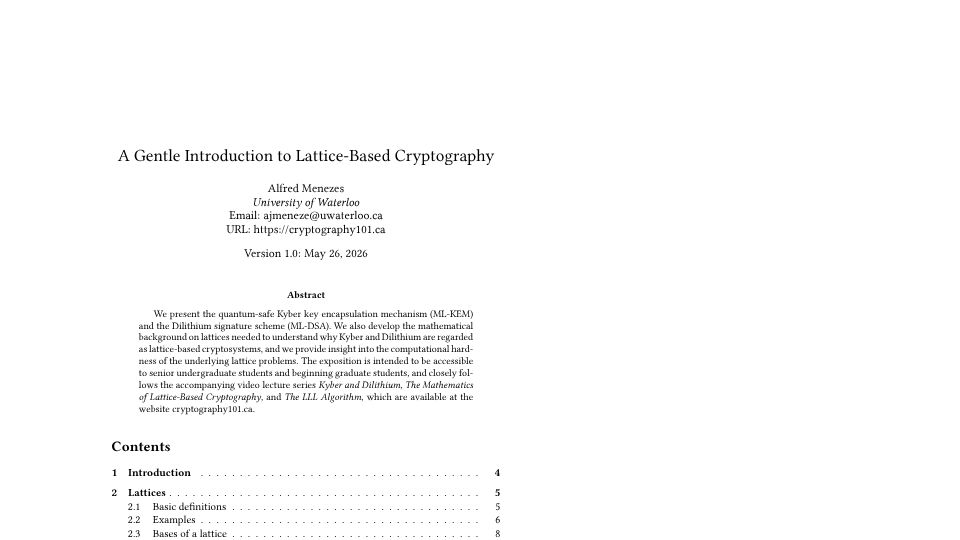 Screenshot of cryptography101.ca: A Gentle Introduction to Lattice-Based Cryptography [pdf]