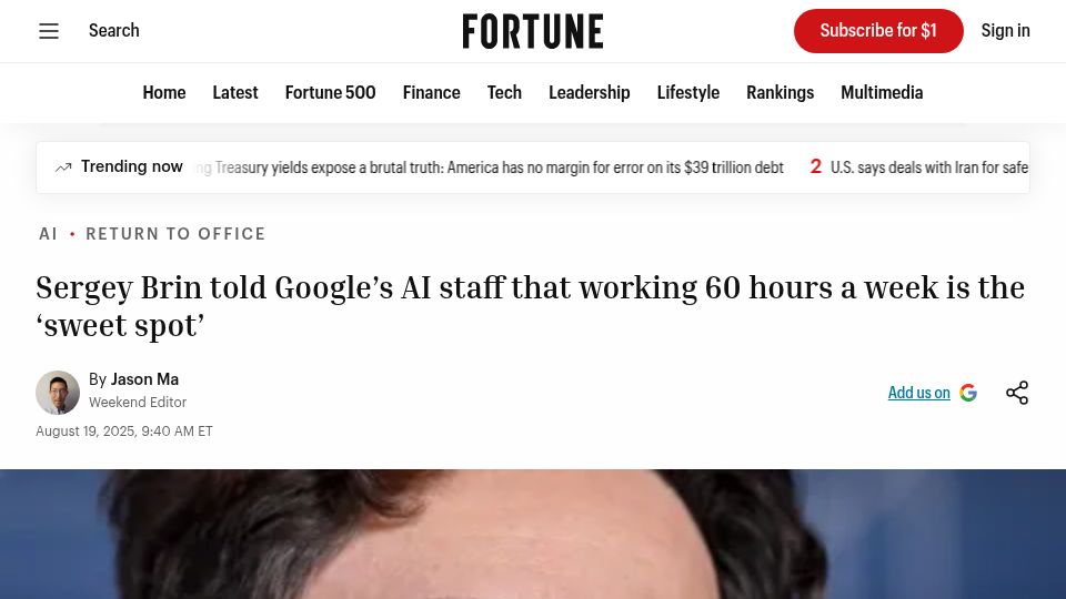 Screenshot of fortune.com: Sergey Brin told Google staff that working 60 hours a week is the 'sweet spot'