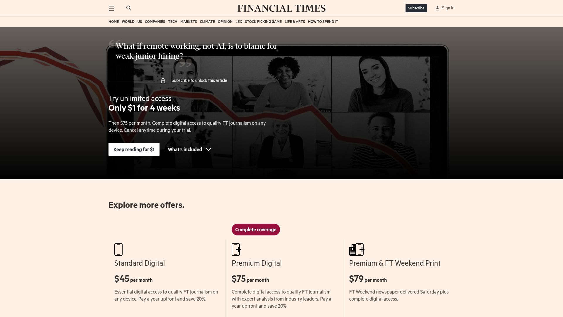 Screenshot of ft.com: What if remote working, not AI, is to blame for weak junior hiring?