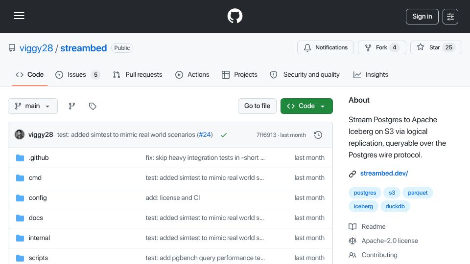 Screenshot of github.com: Show HN: Streambed – Stream Postgres to Iceberg on S3, Supports Postgres Wire
