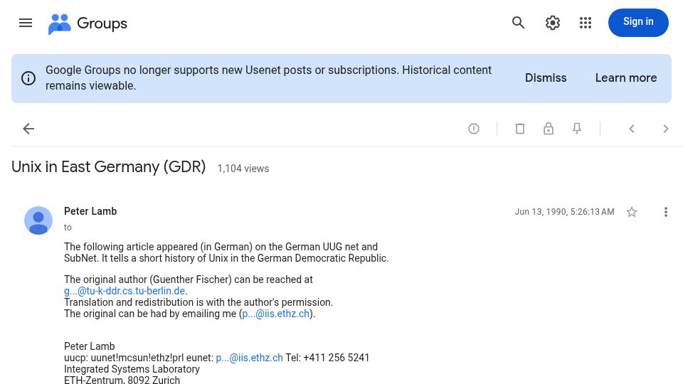 Screenshot of groups.google.com: Unix in East Germany (GDR) (1990)