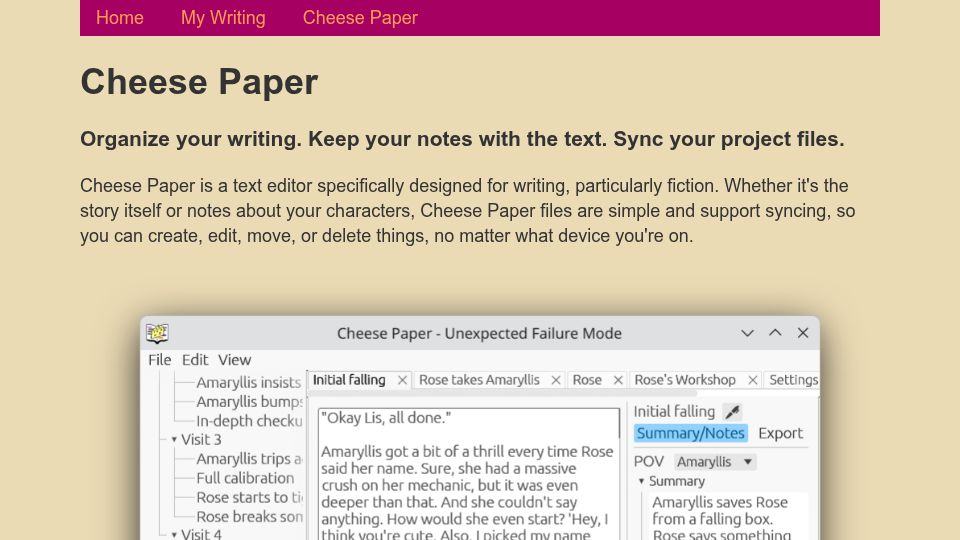 Screenshot of brie.gay: Cheese Paper: a text editor specifically designed for writing