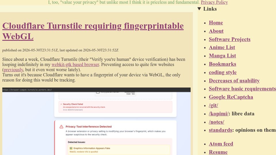 Screenshot of hacktivis.me: Cloudflare Turnstile requiring fingerprintable WebGL
