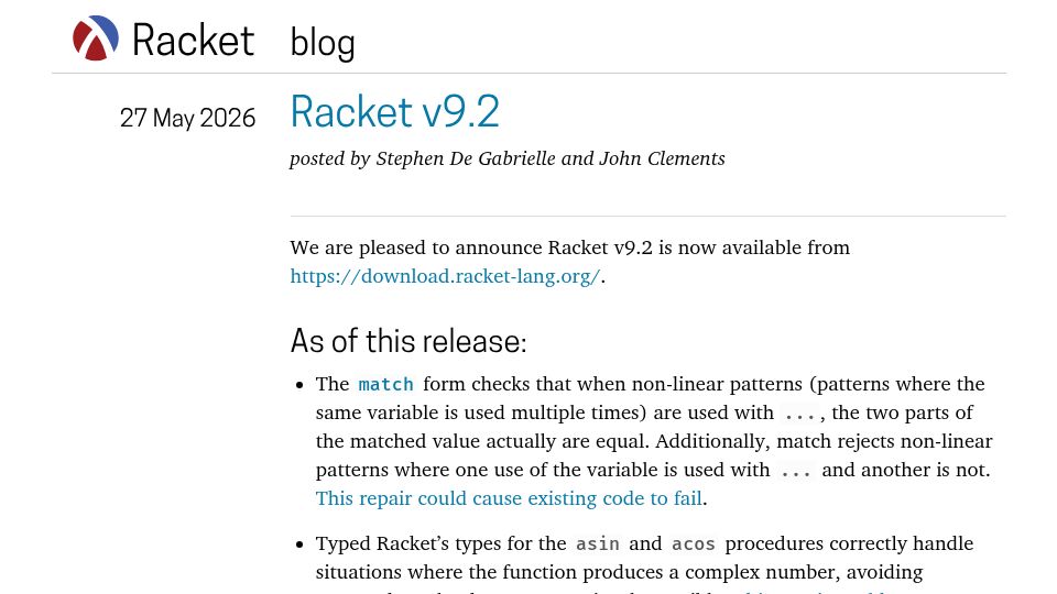 Screenshot of blog.racket-lang.org: Racket v9.2
